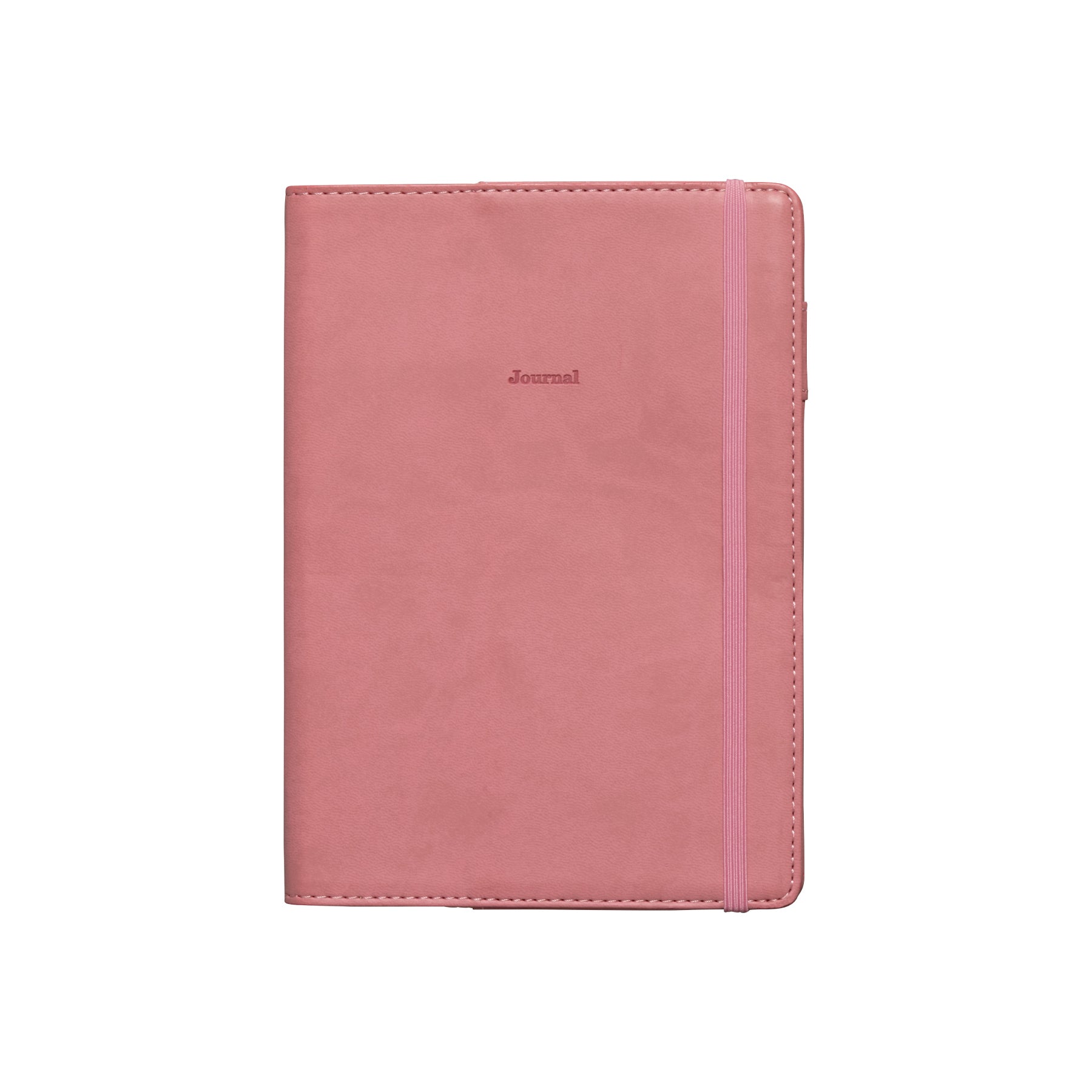 Pink velour-like B6 planner with "Journal" embossed on the cover and a matching flat elastic band.