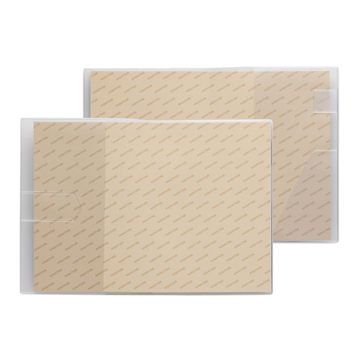 Two clear plastic planner covers shown open, with beige inner flaps printed with repeating Hightide branding.