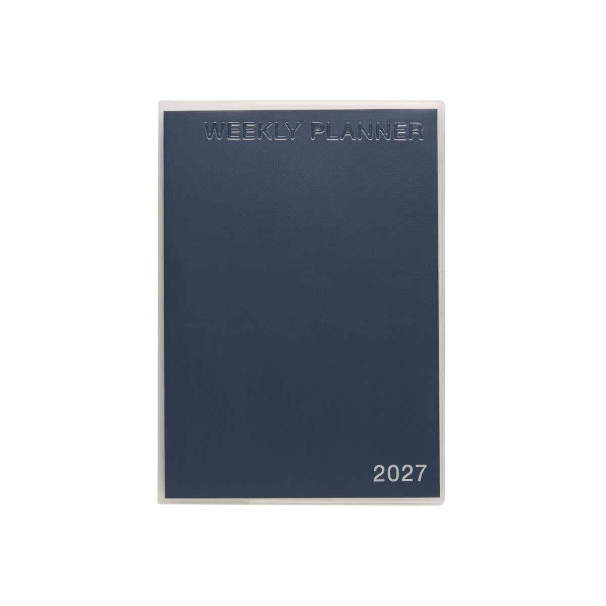 Navy B6 weekly planner with textured cover under a clear jacket embossed "Weekly Planner" and "2027".