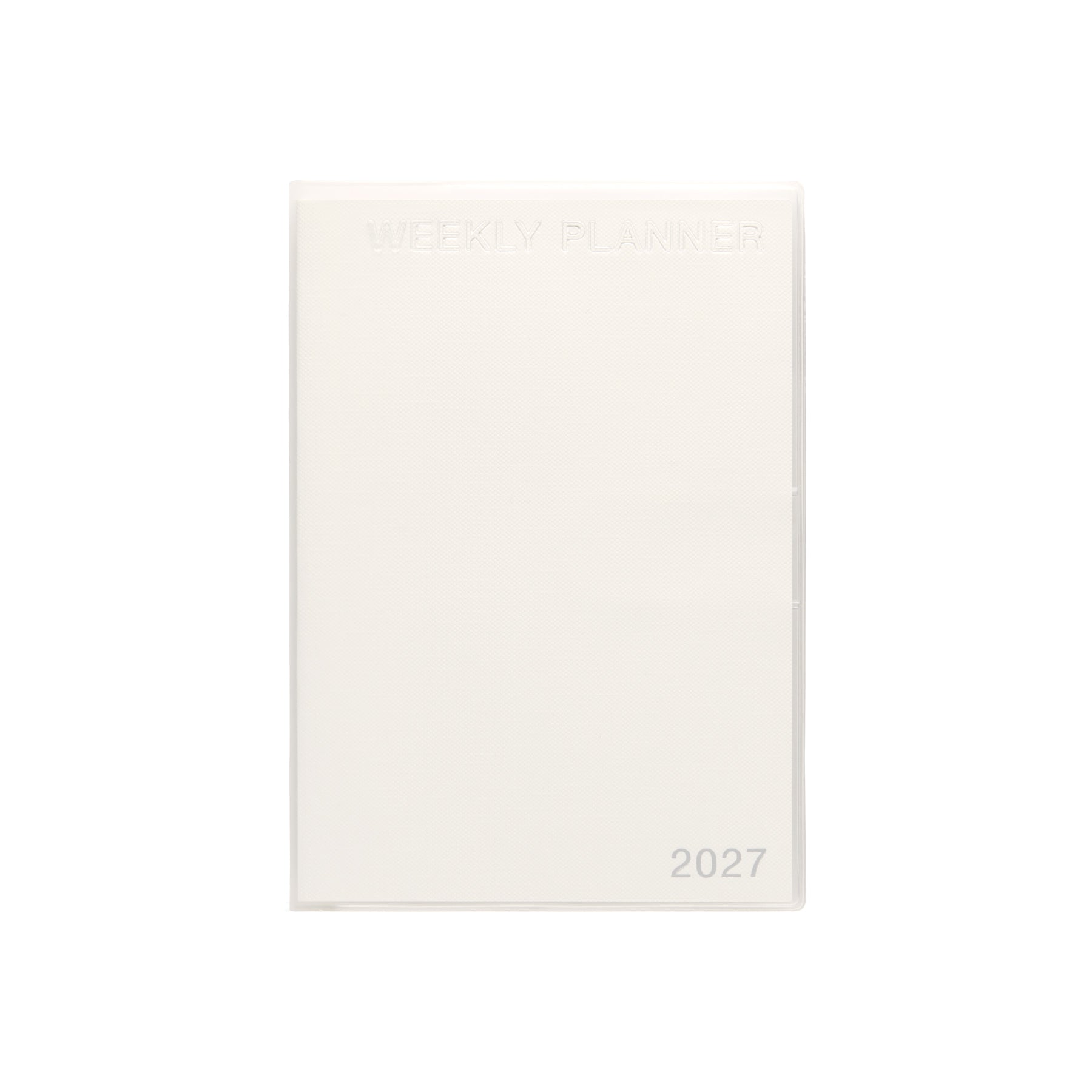 White B6 weekly planner in a clear cover embossed "Weekly Planner" with 2027 in the lower corner.