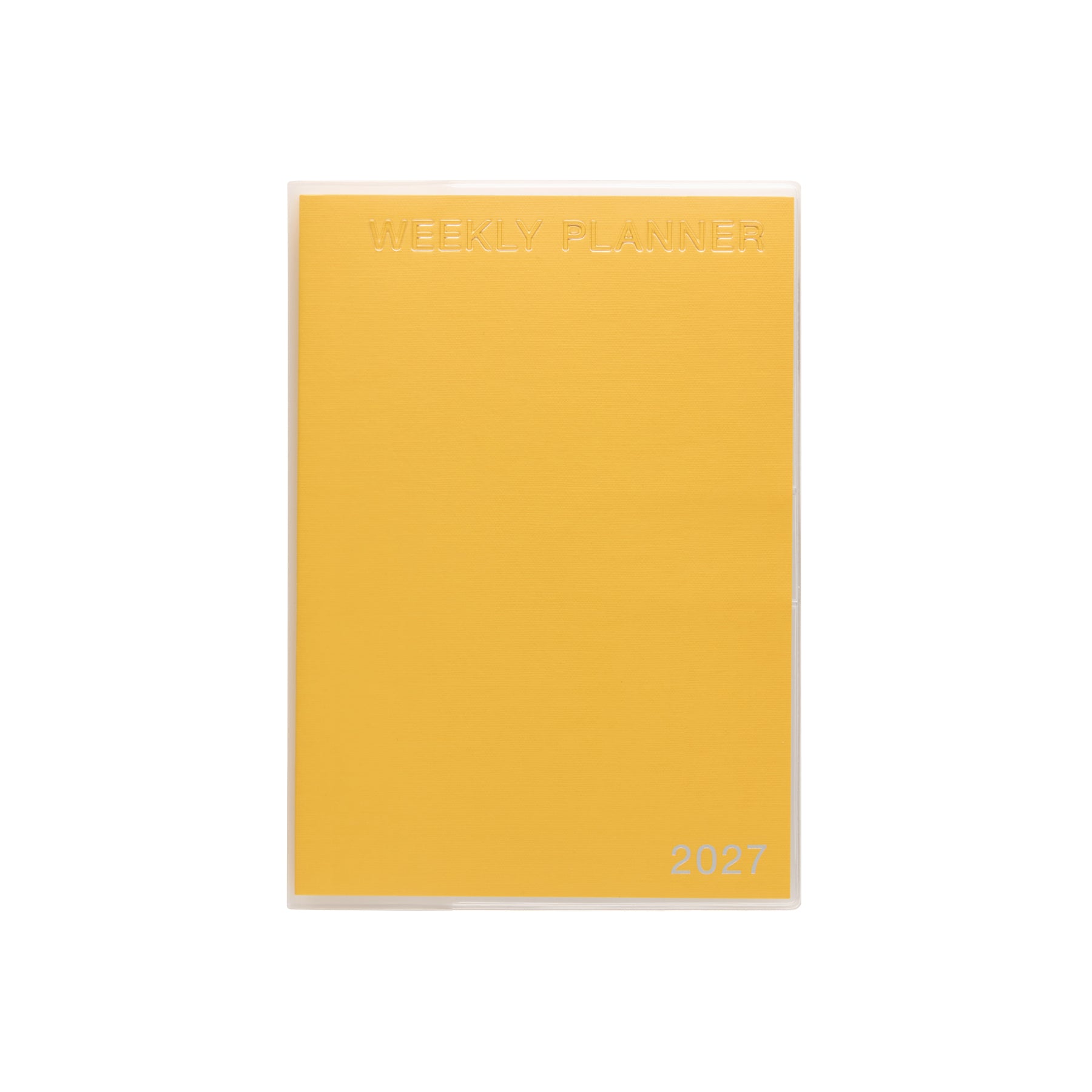 Yellow B6 weekly planner with clear cover embossed "Weekly Planner" and 2027 at the lower right.