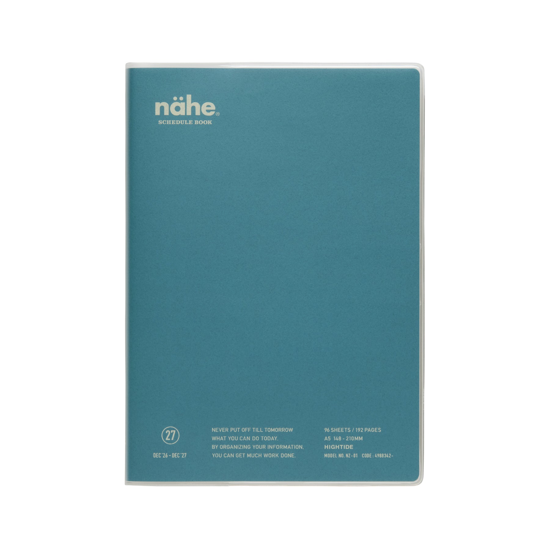 Nähe A5 schedule book in Blue with clear protective cover, showing logo and printed details on front.
