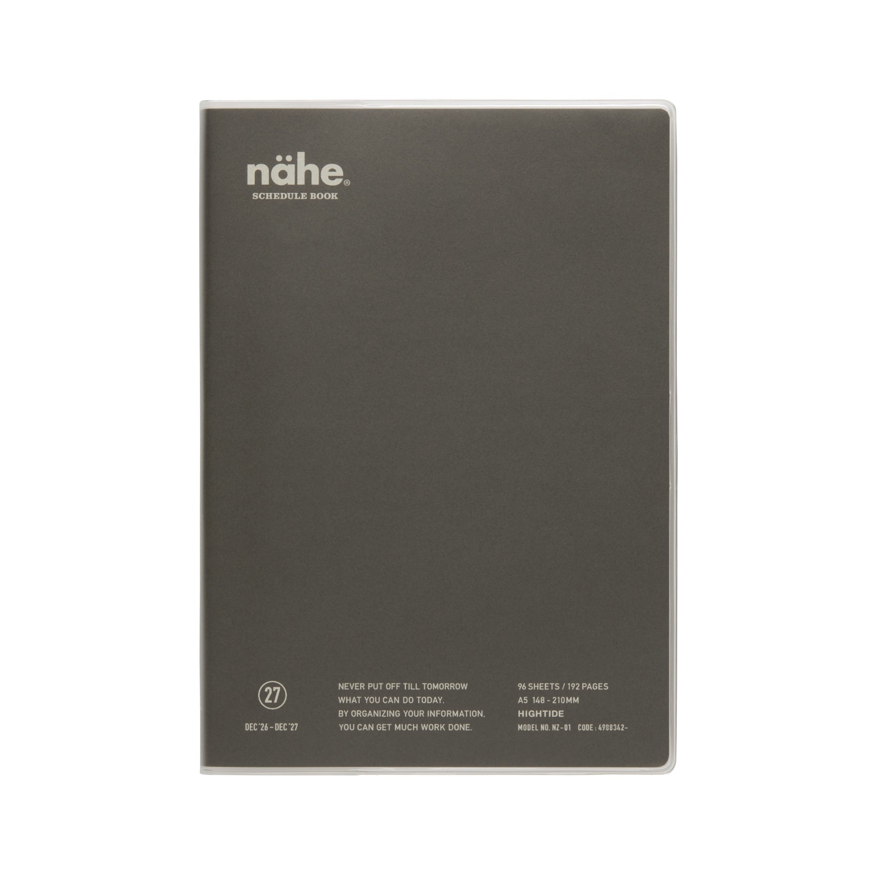 Nähe A5 weekly planner in Gray with clear cover, showing logo and printed details on the front.