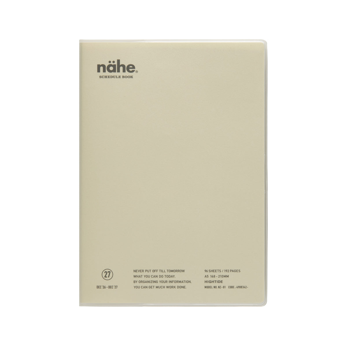 Nähe A5 schedule book in Ivory with clear cover, logo and printed details on the front.