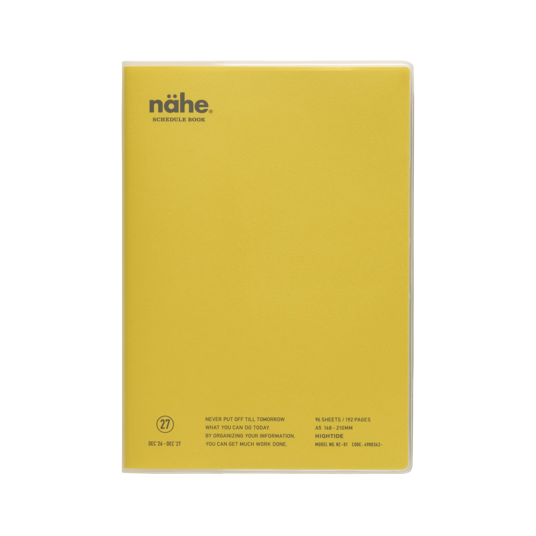 Nähe A5 schedule book in Yellow with clear cover, showing logo and printed details on the front.