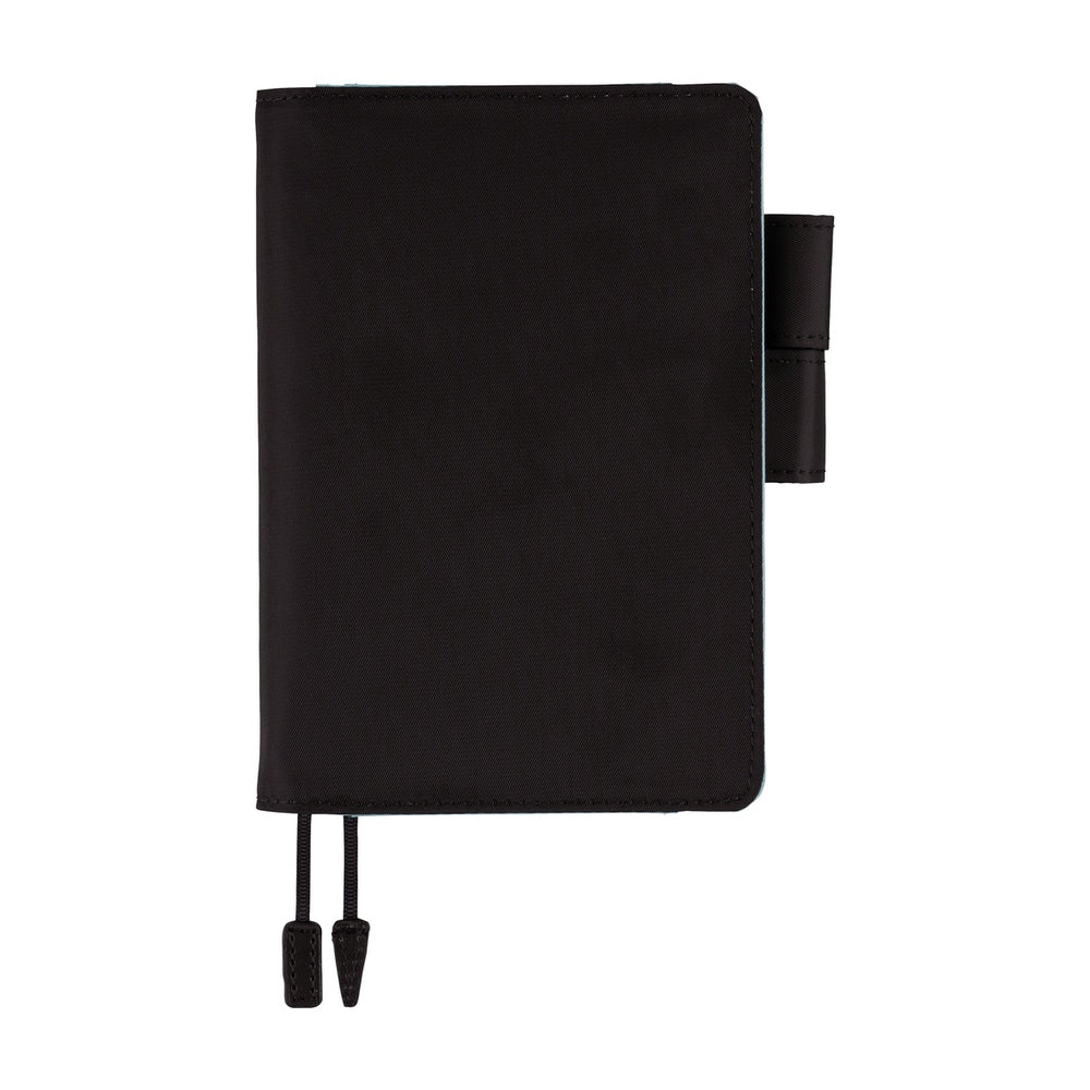 Hobonichi A6 Original book cover in Black, closed, with side pen holder and two ribbon bookmarks