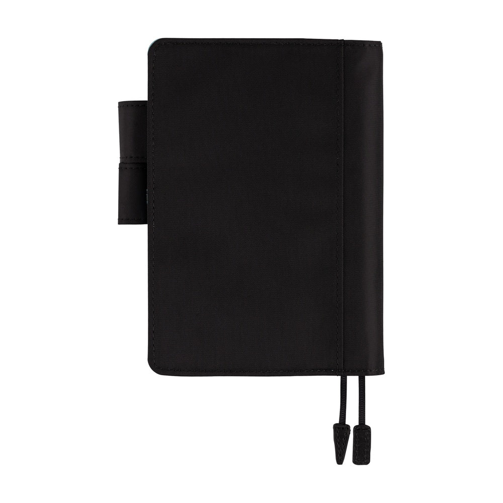 Hobonichi A6 planner cover in Black, closed, with side pen loop and two elastic closure cords.