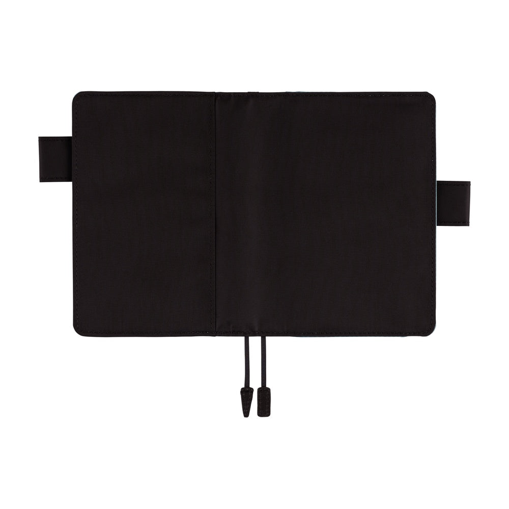 Hobonichi A6 book cover in Black, opened flat to show inner pockets, side flaps and two bookmark cords.