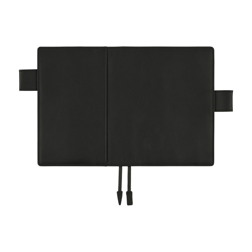 Black leather A6 Hobonichi book cover laid open flat, showing side flaps and two bookmark ribbons.
