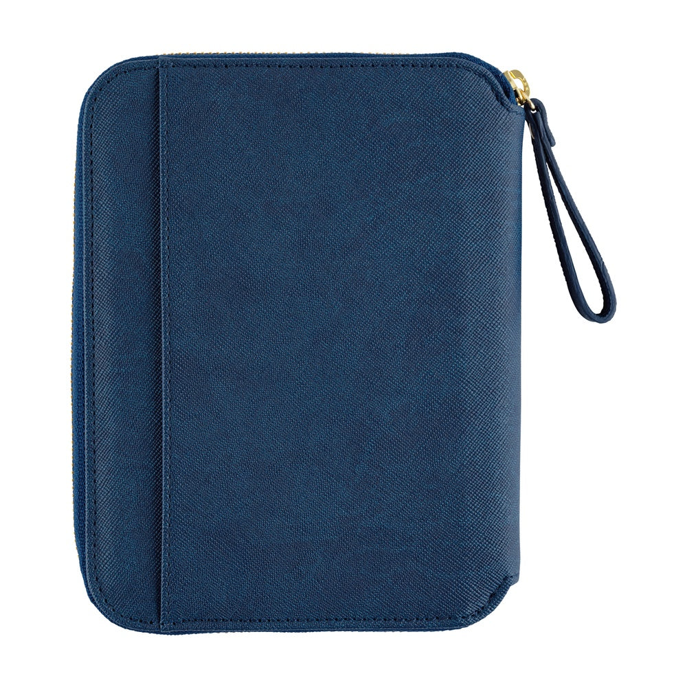 Lago blue textured A6 planner cover, closed with gold zipper pull and matching wrist strap