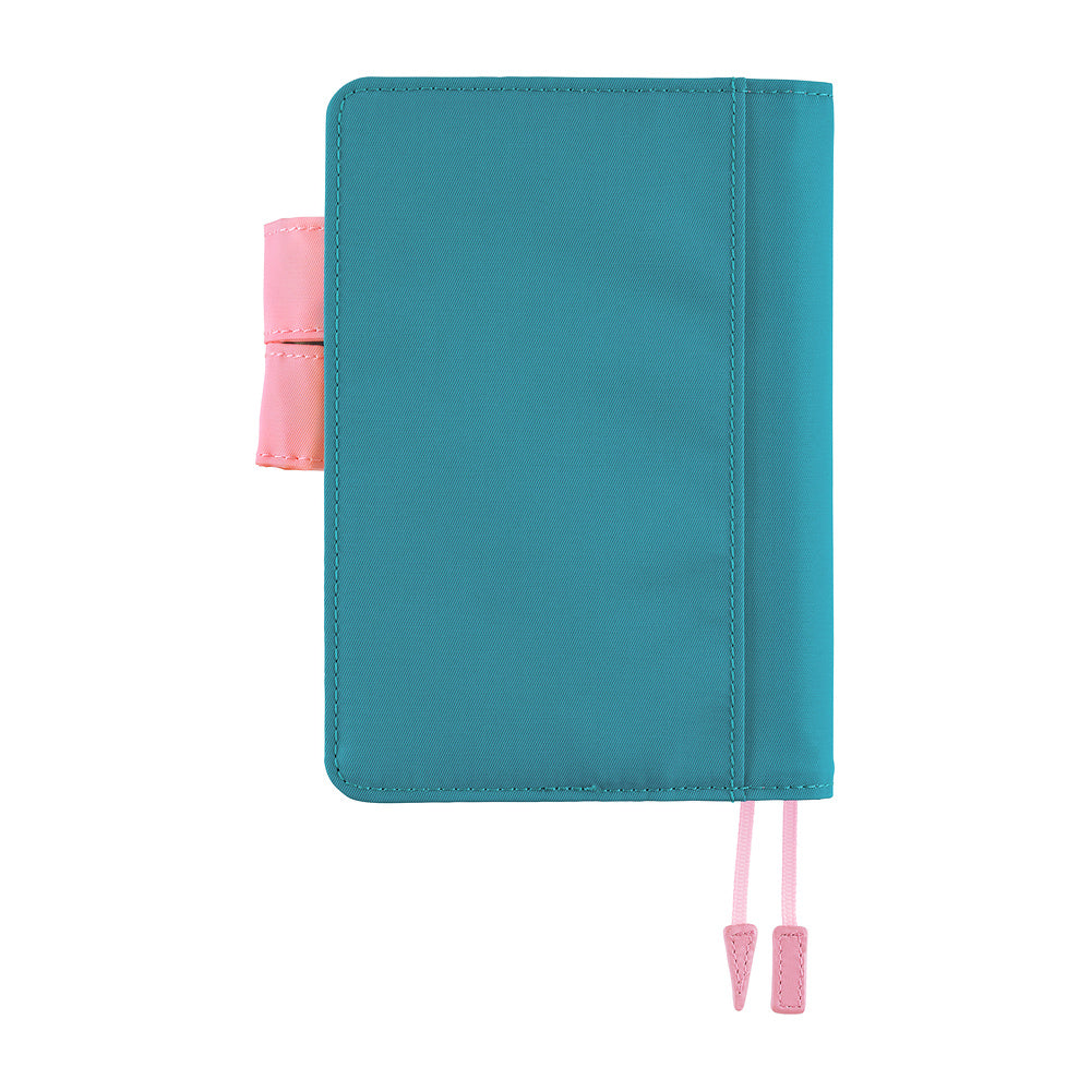 Hobonichi A6 planner cover in Blue Parasol with pink pen loop and two pink ribbon bookmarks