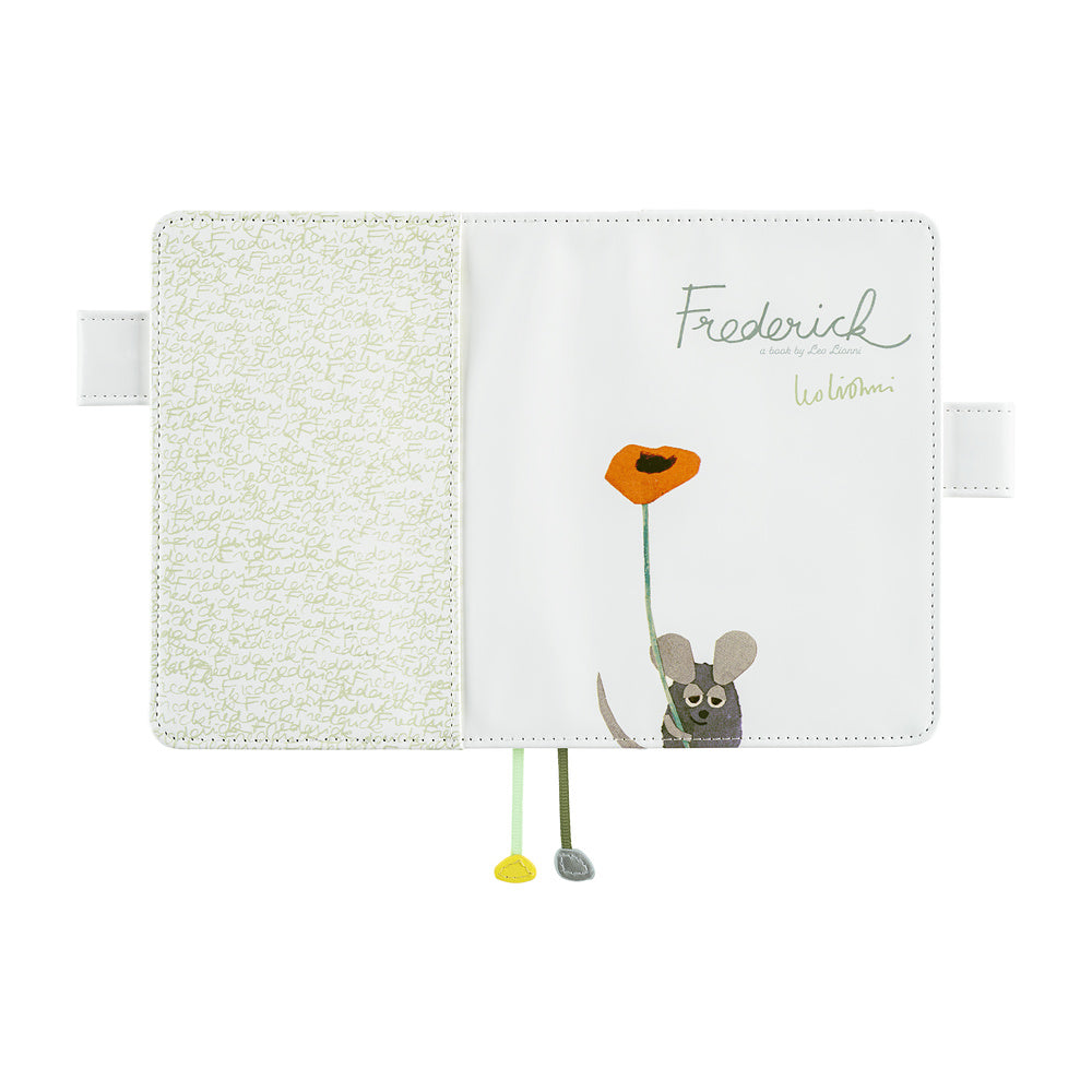 Hobonichi A6 planner cover opened flat in White, showing a mouse with an orange poppy and two bookmarks