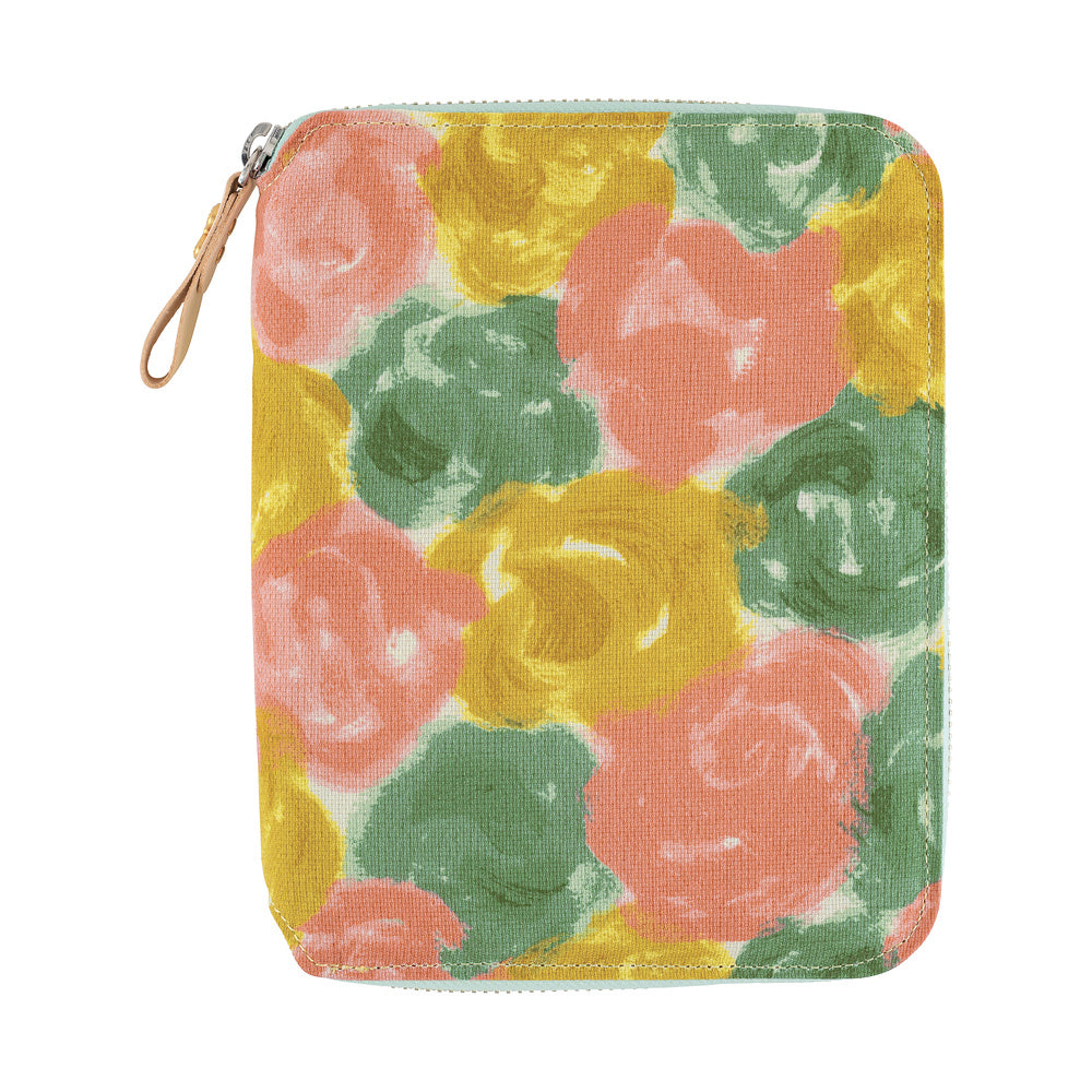 Hobonichi A6 zippered book cover in Pink Multi painted floral fabric with leather zipper pull.