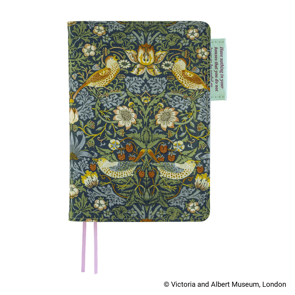 Hobonichi A6 planner cover in Dark Green William Morris bird and floral print, with pink ribbon bookmarks.