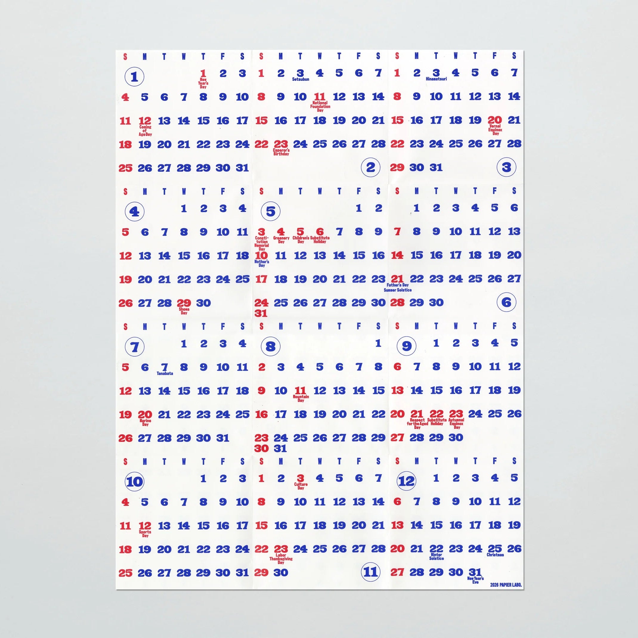2026 Wall Calendar / Papier Labo.