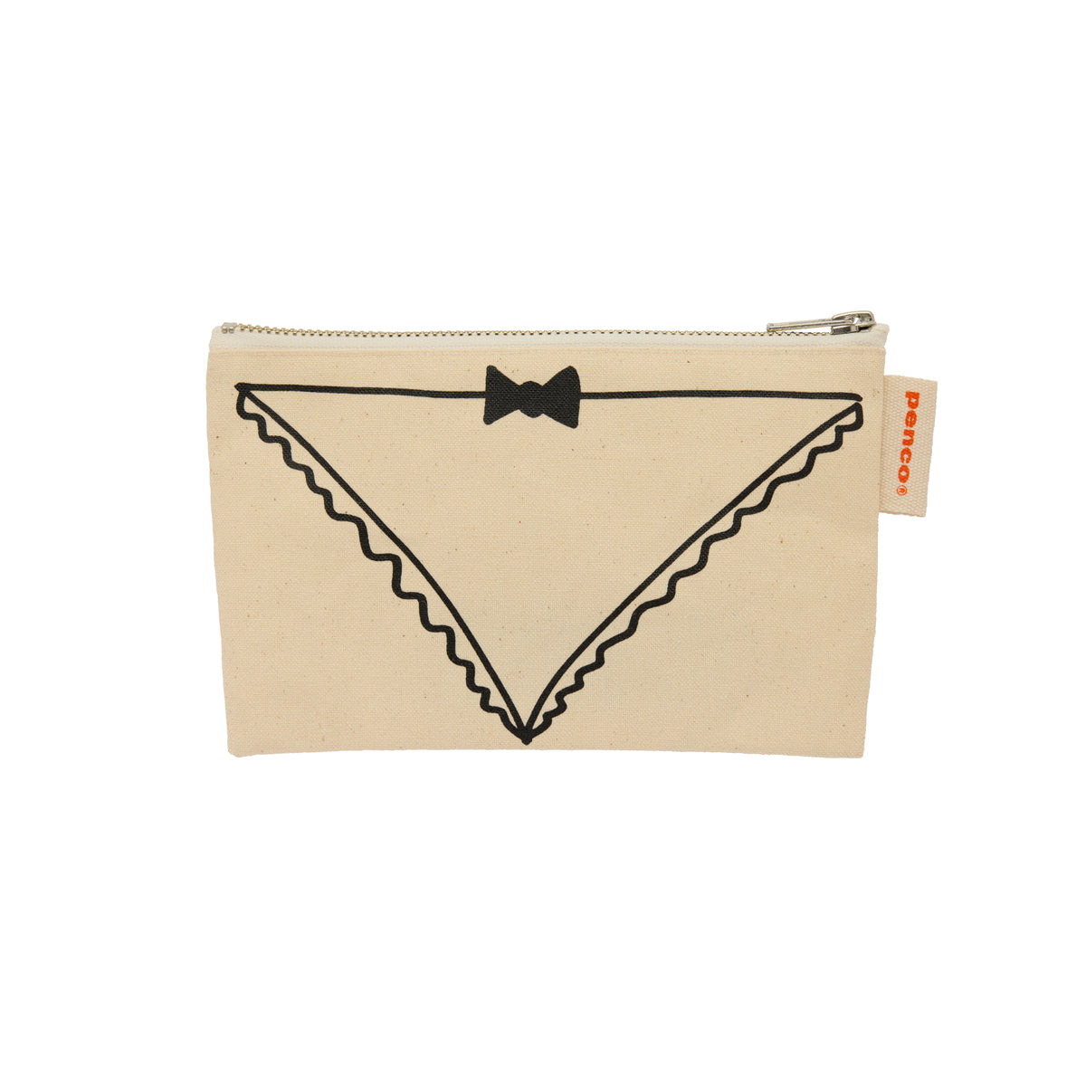 Penco canvas pen pouch with zip closure, printed black underwear and bow tie drawing, orange side tab
