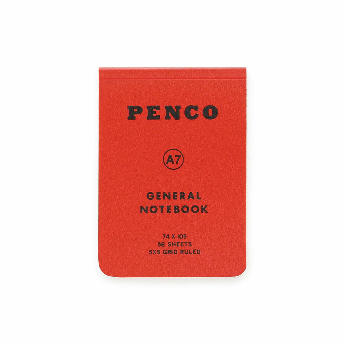 Penco A7 general notebook with Red plastic cover, black text listing 74 x 105, 56 sheets, 5x5 grid ruled