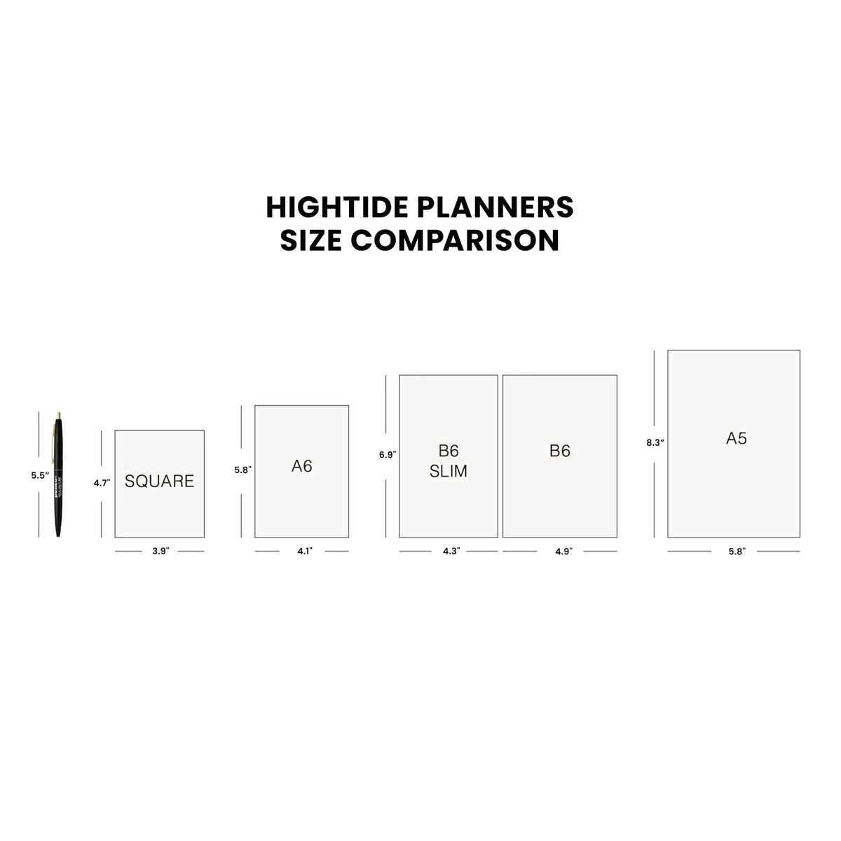 Hightide planners size comparison chart showing Square, A6, B6 Slim, B6 and A5 formats next to a pen for scale.