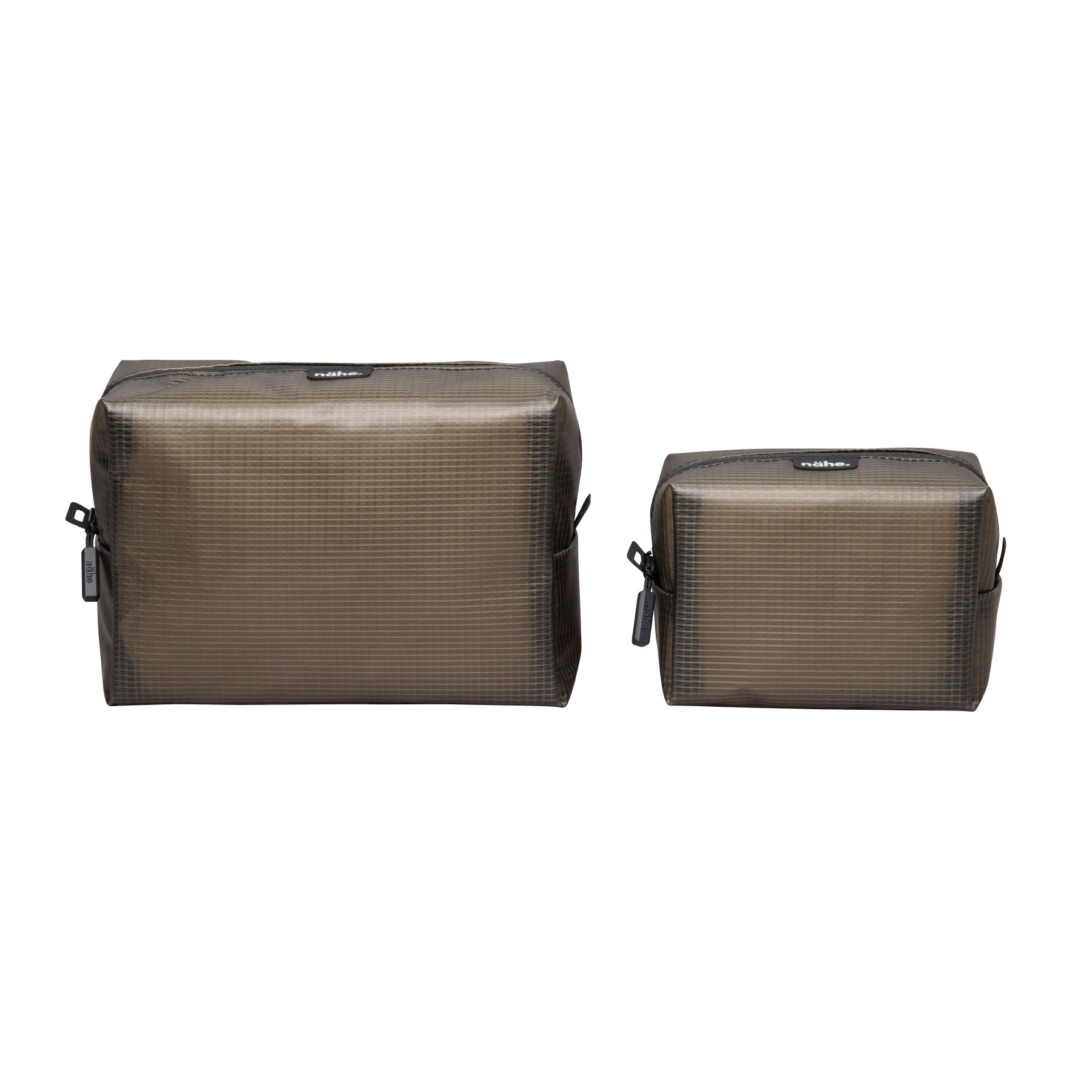 Two Nähe Soft Grid Pouches in Gray, shown side by side in large and small sizes with zip closures.