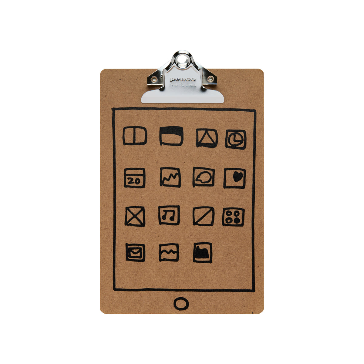 Penco A5 kraft clipboard with silver metal clip, printed with Ken Kagami's hand-drawn tablet and app icons