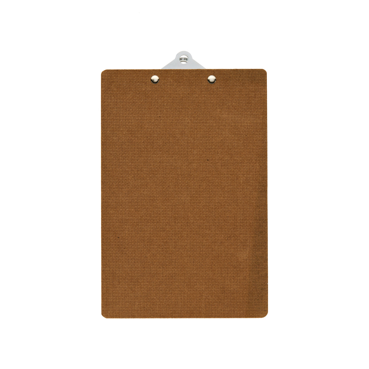 Back of the Penco A5 clipboard showing plain brown textured board with silver clip rivets at the top.