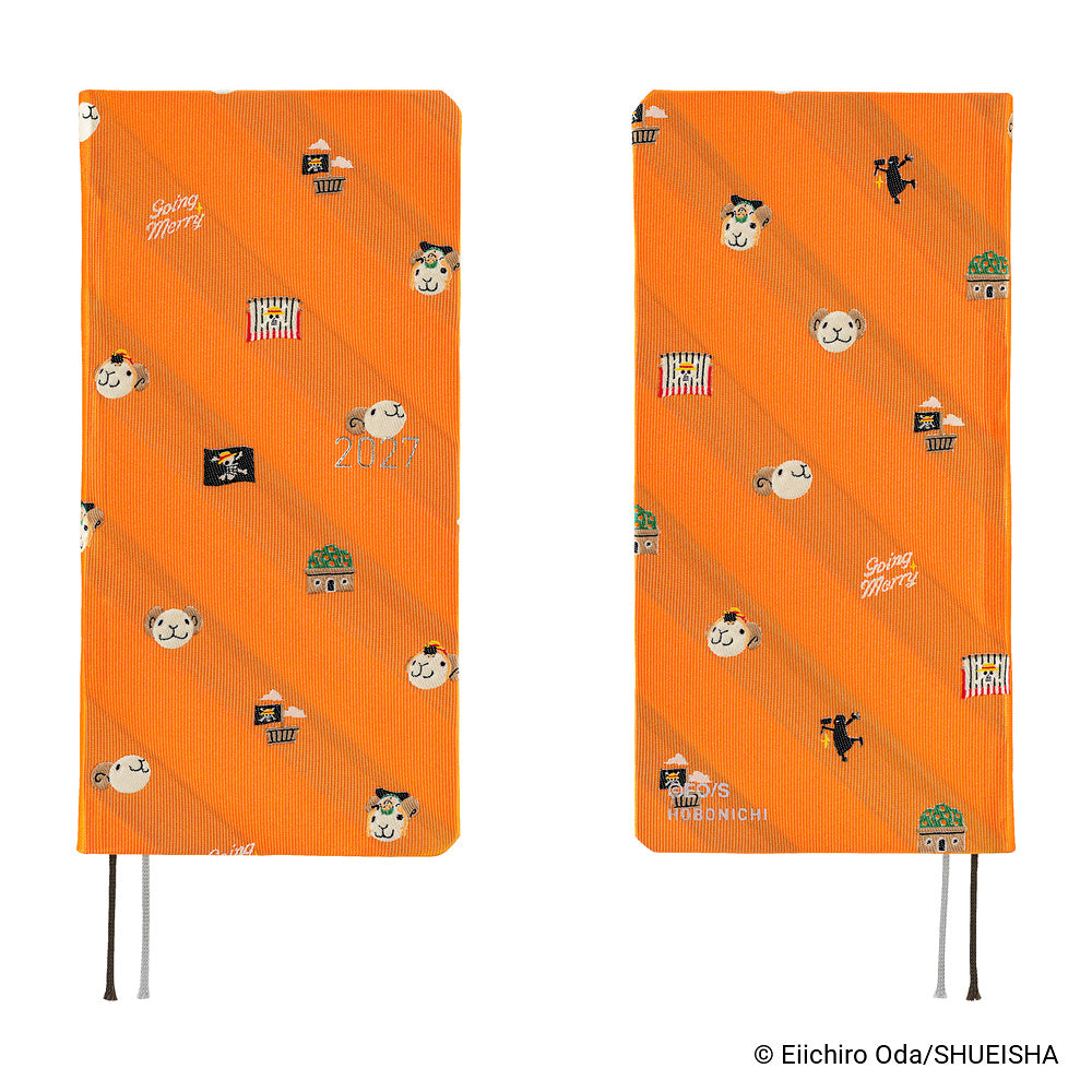 Front and back views of an Orange Hobonichi Weeks planner cover with One Piece embroidery and ribbon markers