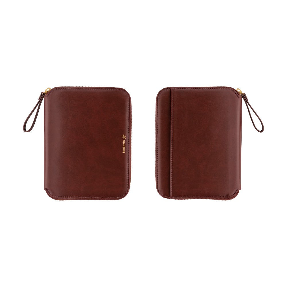 Front and back views of an Amarone zip-around A6 planner cover with wrist strap and gold zipper pull.