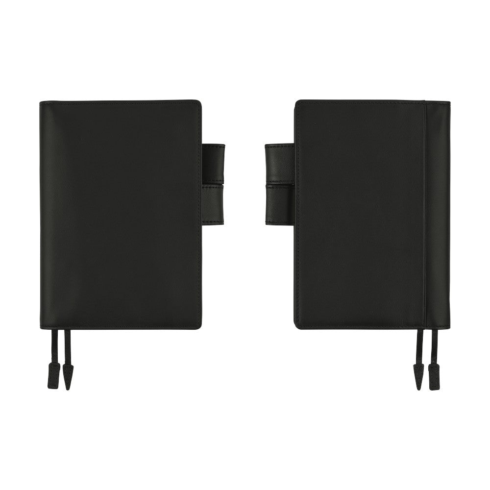 Front and back views of a black leather A6 planner cover with pen loop and two dark bookmark ribbons.
