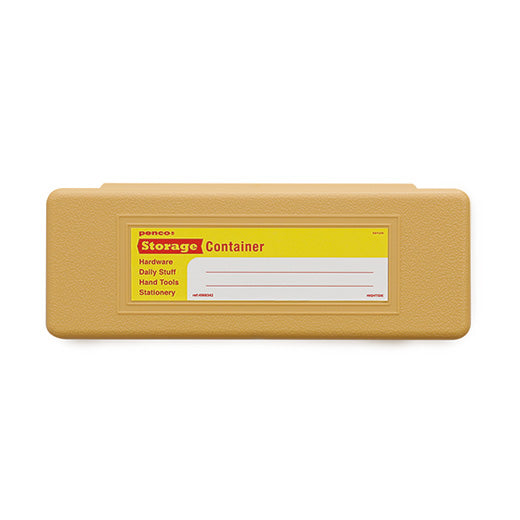 a beige pen case made of plastic with write-in sticker label that reads penco storage container