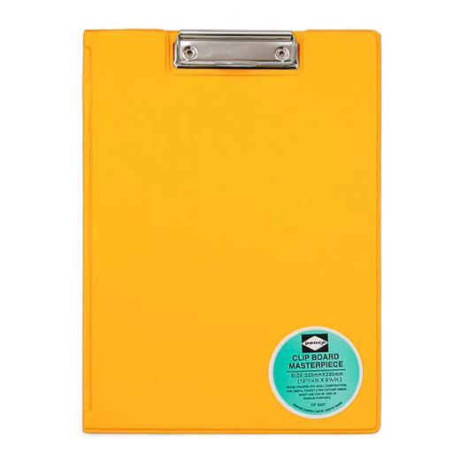 Penco Yellow A4 clipboard folder with a silver metal clip and a round label at the lower right corner.