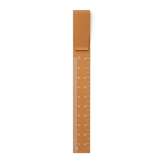 Slim Brown aluminum ruler with centimeter markings and a clip at the top, shown upright.
