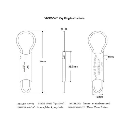 Technical drawing of the GORDON key ring with front, side and back views and dimensions in millimeters.
