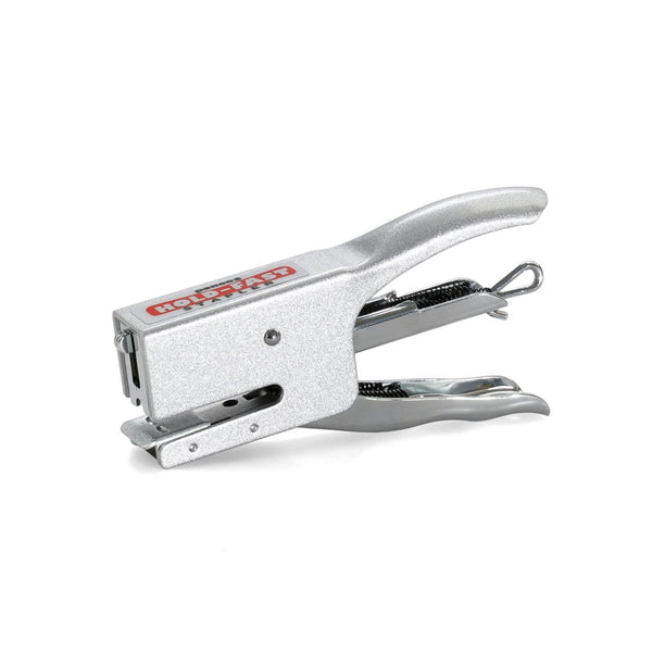 Penco hand-grip stapler in Silver with hammertone steel finish and red logo label, shown from the side.