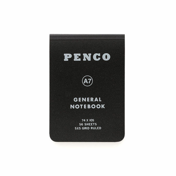 Penco A7 General Notebook in Black with a soft plastic cover and grid-ruled details printed in white.