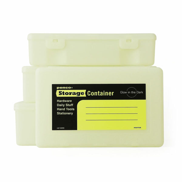 Penco Glow In The Dark storage containers stacked in graduated sizes, front box showing yellow and black label.