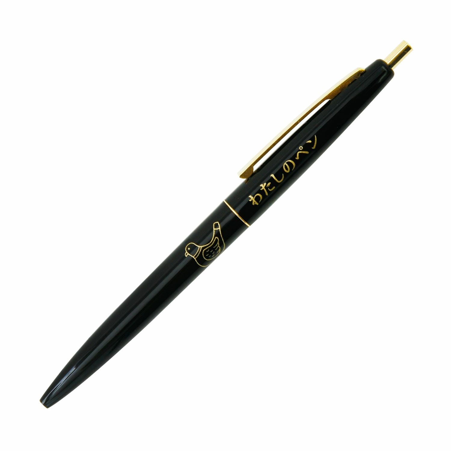Black ballpoint pen with gold trim, pigeon flute illustration and Japanese lettering.