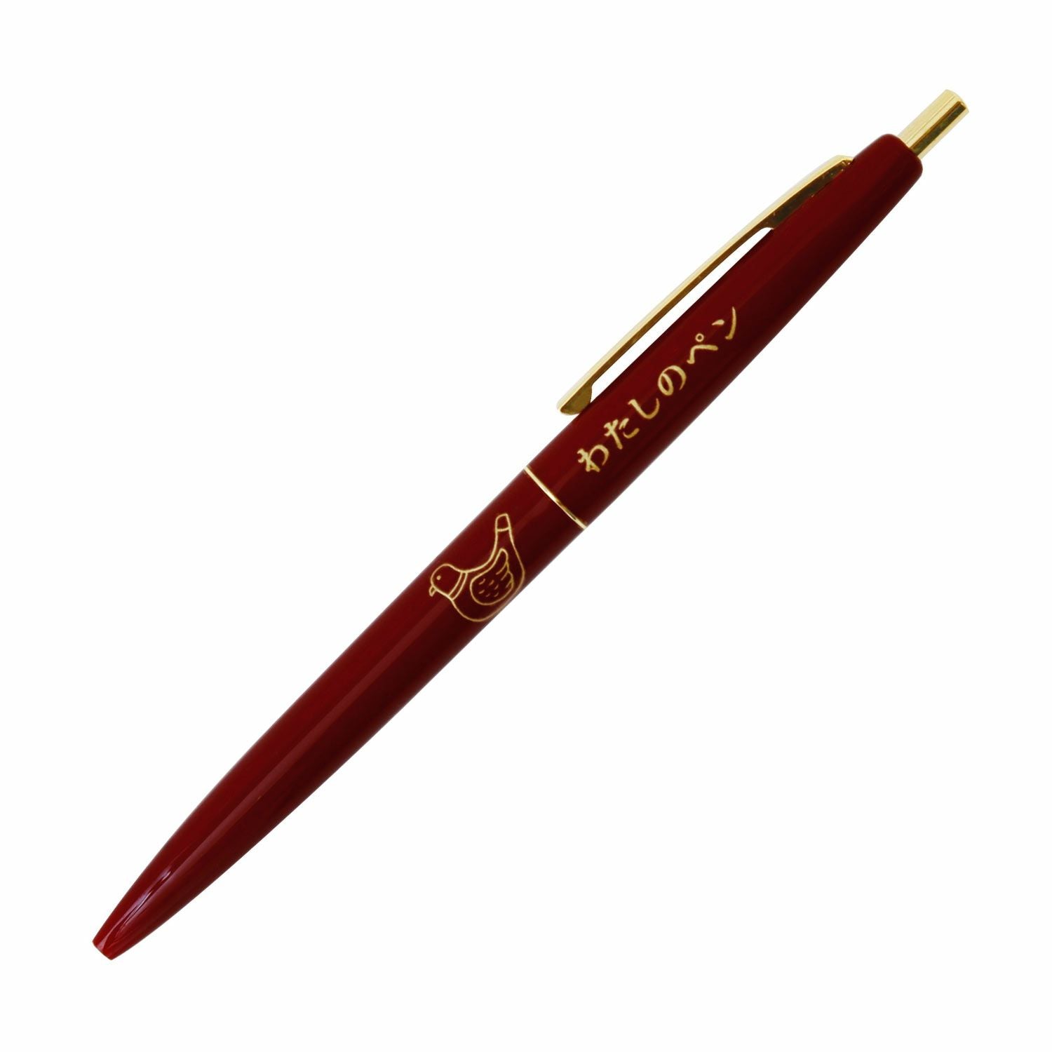 Dark red ballpoint pen with gold clip, pigeon illustration and Japanese text on the body.