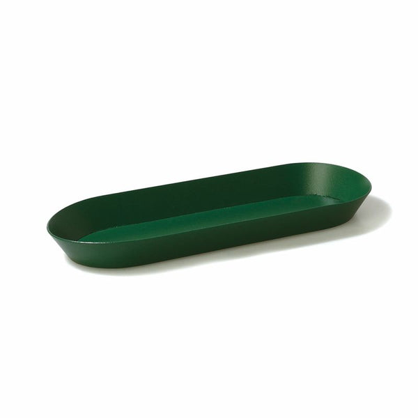 Hightide steel oval tray in Green with shallow curved sides, shown at an angle on a white background.