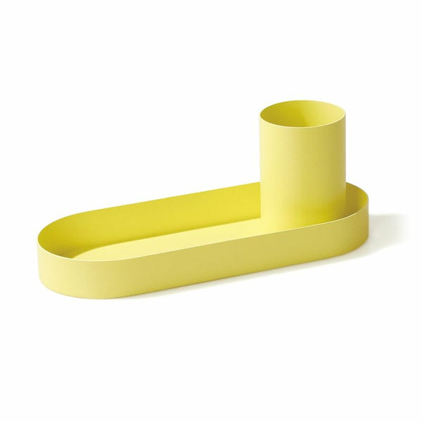 Hightide steel desk organizer in Yellow, with an oval tray and integrated round pen cup.
