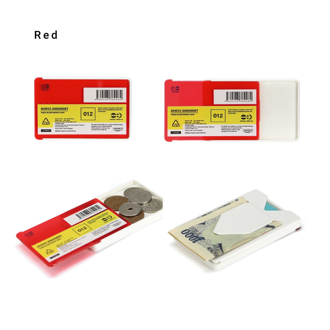 Red card case shown closed, slid open, holding coins, and gripping a banknote with a card slot.