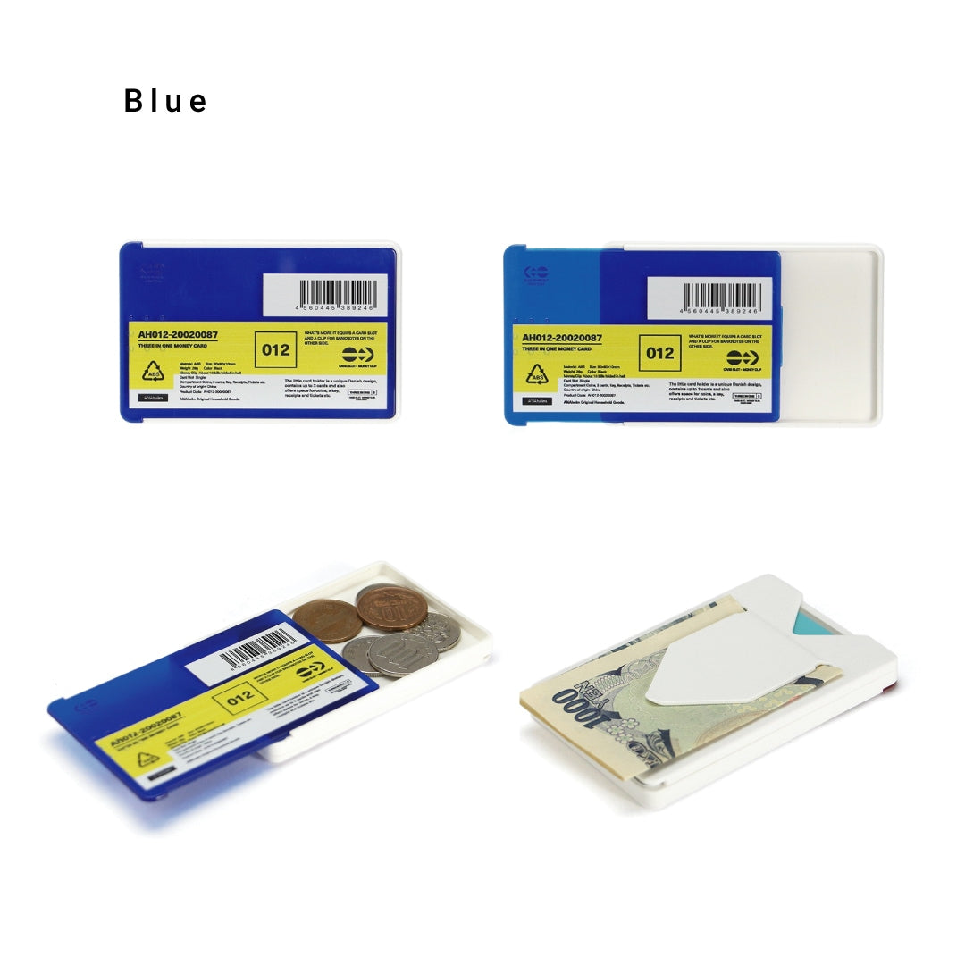 Blue card, money and coin case shown closed, half open, holding coins, and clipping banknotes.
