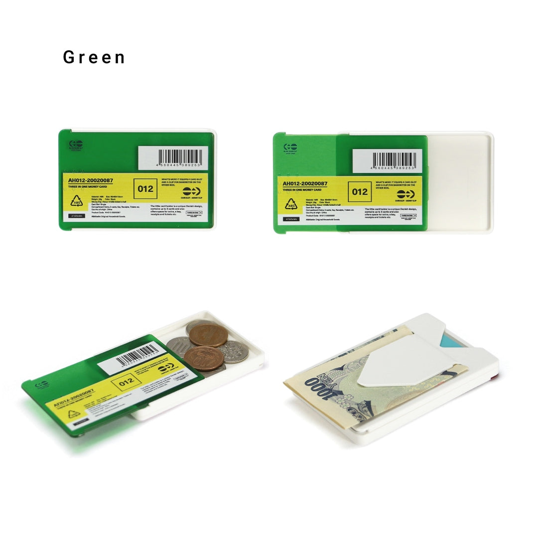 Green card case shown closed, slid open, holding coins in the white tray, and clipping a banknote.