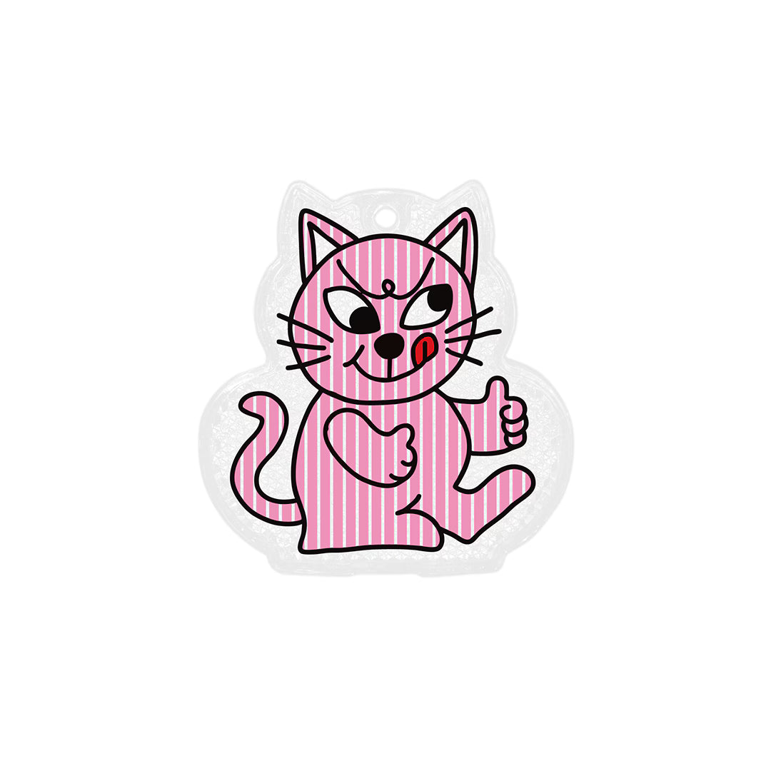 Cat-shaped reflector keychain with a cheeky Pink striped cat giving a thumbs up, with hanging hole