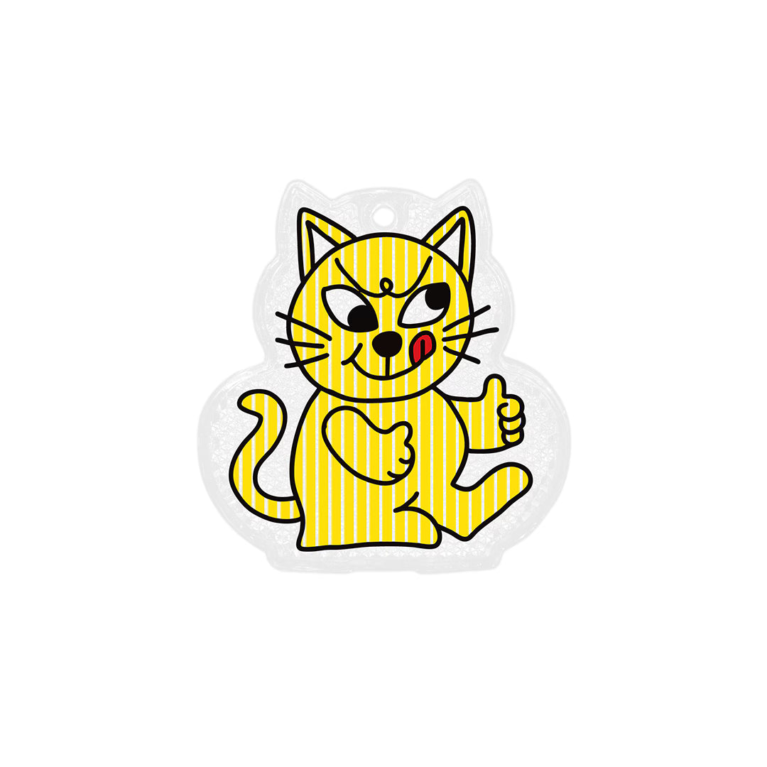 Cat-shaped reflector keychain with a Yellow striped cheeky cat giving a thumbs up, hole at the top