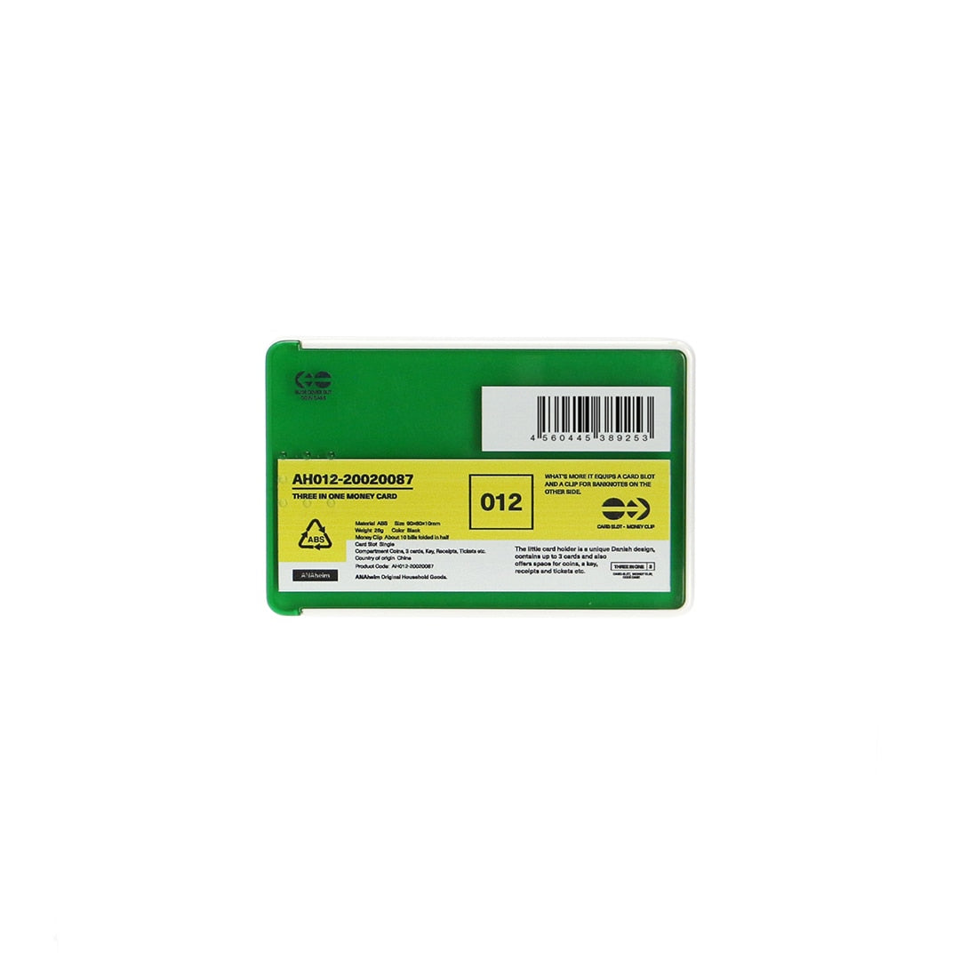 Card, money and coin case in Green, shown in packaging with a yellow product label and barcode.