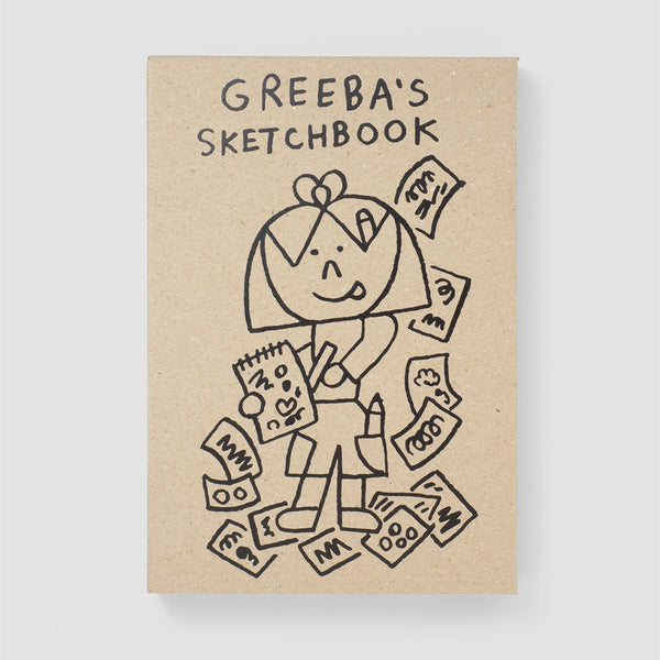Woset sketchbook with kraft cardboard cover, black line drawing of a girl holding drawings and a pencil.