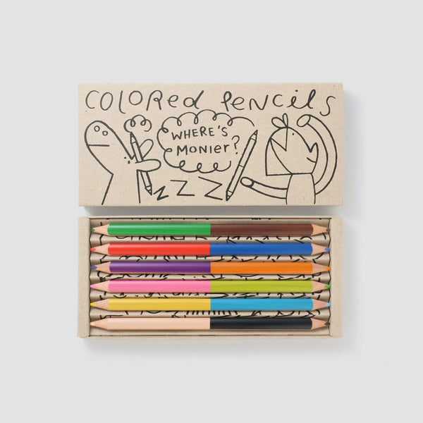 Woset colored pencils in an open kraft box, six dual-ended pencils below a doodled lid reading "Colored Pencils".