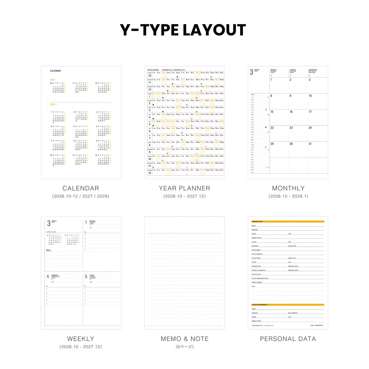 Y-Type layout chart showing planner refill pages: calendar, year planner, monthly, weekly, memo and personal data.