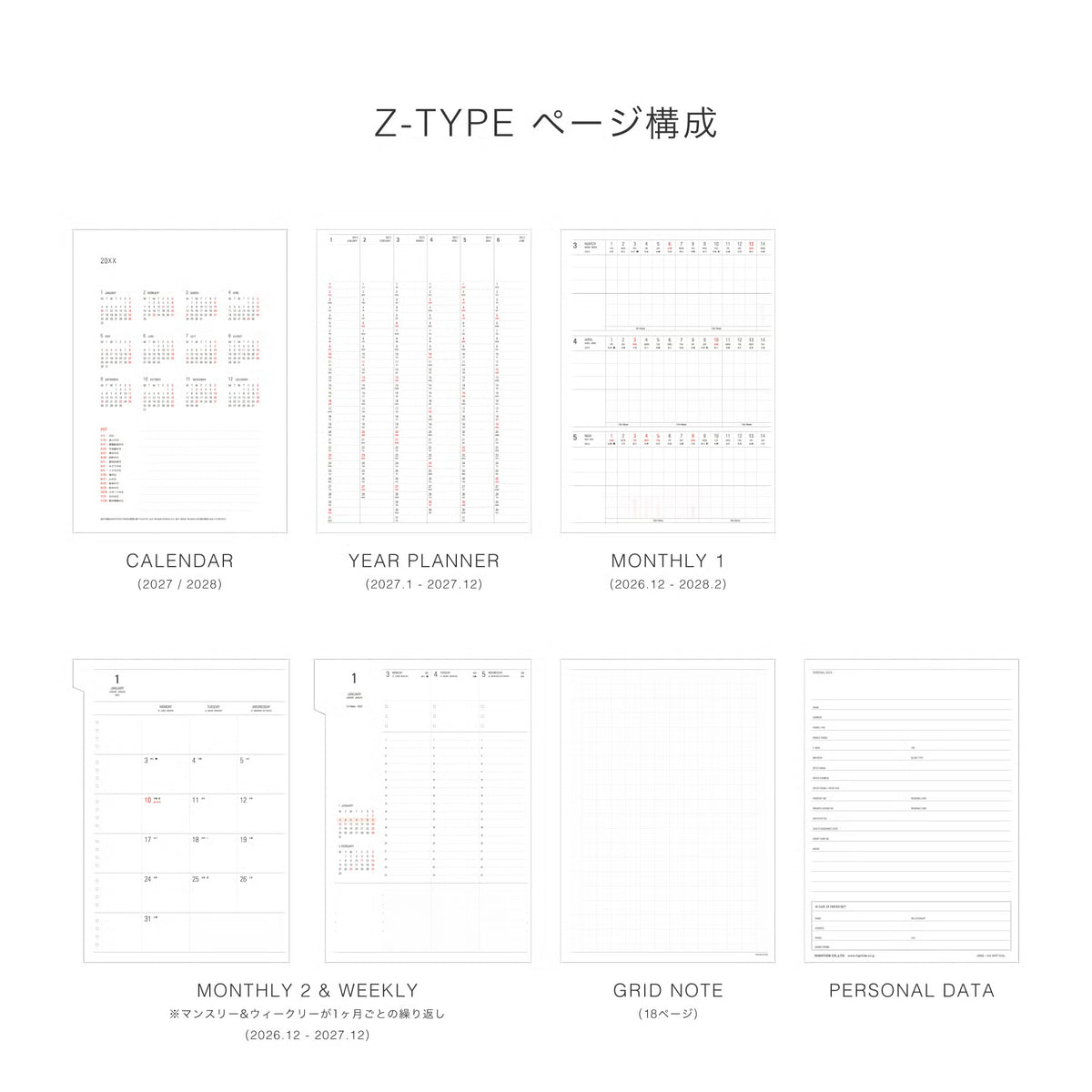 Layout chart of the 2027 refill pages: calendar, year planner, monthly, weekly, grid note and personal data.