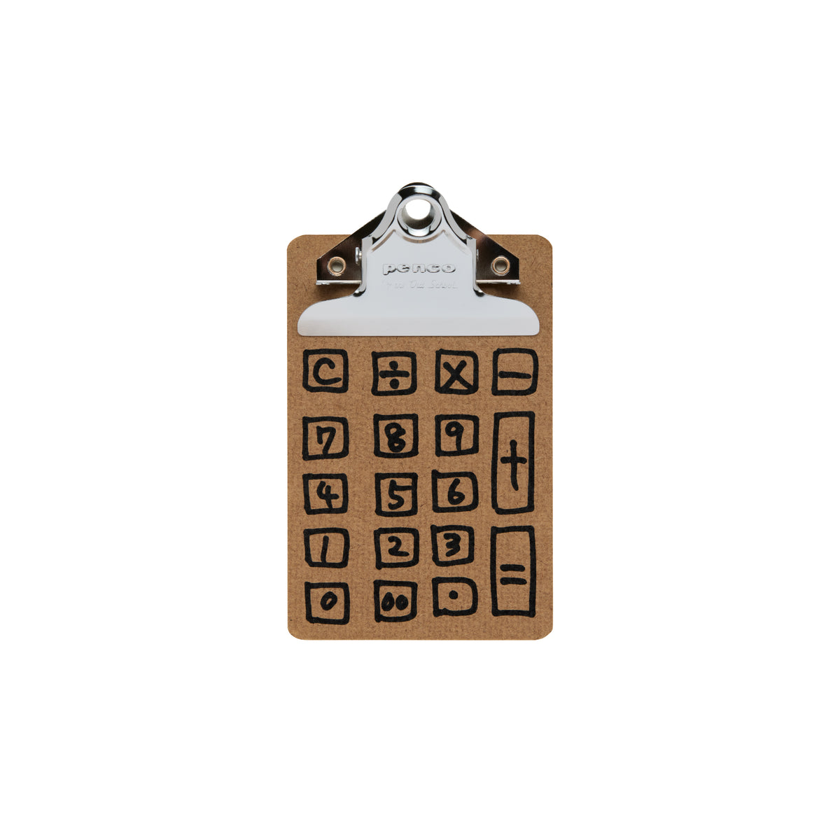 Penco mini clipboard in brown board with silver clip, printed with a hand-drawn calculator design.